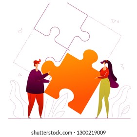 Partnership - modern flat design style colorful illustration on white background. High quality composition with cute characters, man and woman, business people holding a puzzle piece. Solution concept