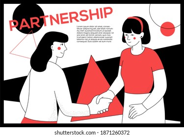 Partnership - modern flat design style web banner with line elements and copy space for text. Contract signing, collaboration and business agreement idea. An illustration with women shaking hands