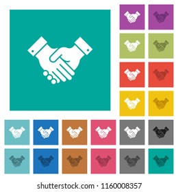 Partnership multi colored flat icons on plain square backgrounds. Included white and darker icon variations for hover or active effects.