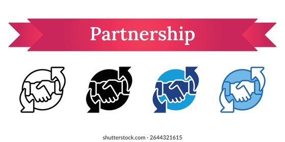 Partnerschaft - Multi-Style-Symbol - Zwei Hände zittern mit kreisförmigen Pfeilen, symbolisiert geschäftliche Partnerschaft und laufende Zusammenarbeit