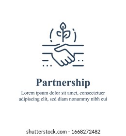 Partnership or mutual trust, handshake concept, negotiation compromise, conflict management, problem solving, deal or agreement, business entity or union, common ground, vector line icon