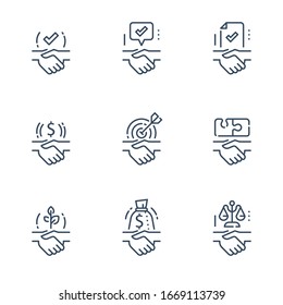 Partnership or mutual trust, handshake concept, negotiation compromise, conflict management, problem solving, deal or agreement, business entity or union, common ground, vector line icon