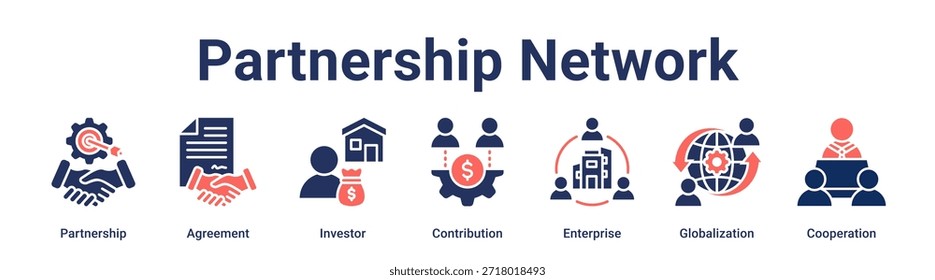 Parceria Rede banner web ícone vetor ilustração conceito para negócios com ícone de Parceria, Acordo, Investidor, Contribuição, Empresa, Globalização.