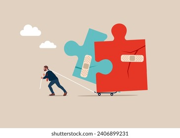 Partnership recovery. Find new business opportunities, cooperation. Businessman walking with bandage repaired  jigsaw puzzle elements shape. Modern vector illustration in flat style. 