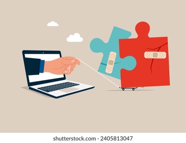 Partnership recovery. Repaired  jigsaw puzzle elements shape. Find new business opportunities, cooperation.  Vector illustration