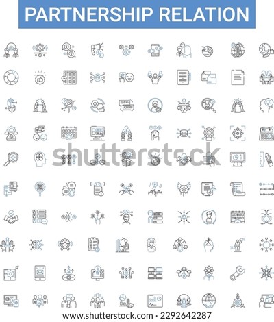 Partnership relation outline icons collection. Alliance, Cooperation, Accord, Connection, Teamwork, Association, Bond vector illustration set. Synergy, Collaboration, Unison line signs