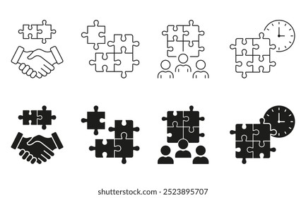 Partnership, Relationship, Agreement, Collaboration Concept. Puzzle with Time. Deadline for Teamwork. Editable Stroke. Isolated Vector Illustration.