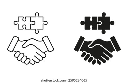 Partnership, Relationship, Agreement Icon. Handshake and Jigsaw Line and Silhouette Icon. People Professional Match, Found Solution, Cooperation Sign. Editable Stroke. Isolated Vector Illustration.