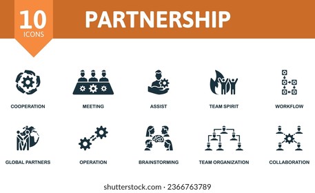 Partnership set. Creative icons: cooperation, meeting, assist, team spirit, workflow, global partners, operation, brainstorming, team organization, collaboration.