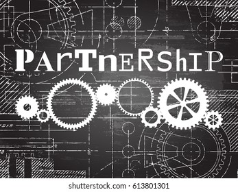 Partnership sign and gear wheels technical drawing on blackboard background

