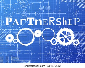 Partnership sign and gear wheels technical drawing on blueprint background