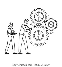 parceria vetor de relações com as partes interessadas. linha da empresa, quadril de recursos, organização corporativa parceria relações com as partes interessadas personagem. pessoas linha preta lápis desenho ilustração