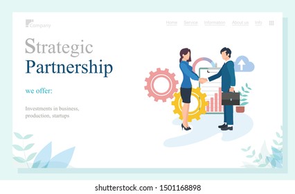 Partnership strategic, offer investments in business, production and startup. Workers shaking hands, company union online, marketing innovation vector. Website or landing page template flat style