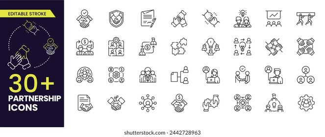 Conjunto de iconos de trazo de asociación. Contiene iconos como negocios, ganar-ganar, confianza, colaboración, objetivo, trabajo en equipo, compartir, rendimiento, conocimiento y planificación Editable Outline Vector