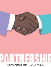 Partnership. Strong handshake. Vector hands on a pink background