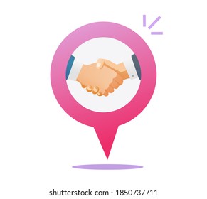 Partnership Success Deal Handshake Map Pin Pointer Marker Vector Sign, Partners Hands Shake Icon Location Flat Cartoon Logo Idea, Concept Of Meeting Place Office Location Point Modern Design