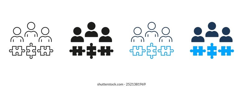 Partnerschaft Erfolg, Teambildung, Einheitslinie und Silhouette Icon Set. Teamwork und Zusammenarbeit, Puzzle Together Icon. Unternehmensgemeinschaftszeichen Bearbeitbarer Strich. Isolierte Vektorgrafik.