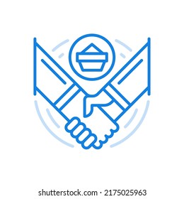 
Partnership supply agreement vector line icon. Business cooperation for joint commercial venture. Two hands handshake with packing symbol circle. Friendship with innovative financial performance.