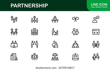 Partnerschaftssymbolpaket - Lineare Vektorsammlung mit flachem Umriss mit Handshake, Vereinbarung, Teamwork, Zusammenarbeit, Allianz, Vertrag, Perfect for Apps, Web, Infografik und Branding