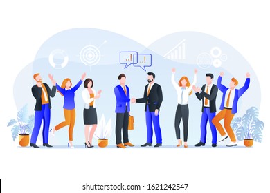 Partnership, team agreement cooperation or business contract concept. Vector flat cartoon illustration. CEO and project manager make deal and shake hands.