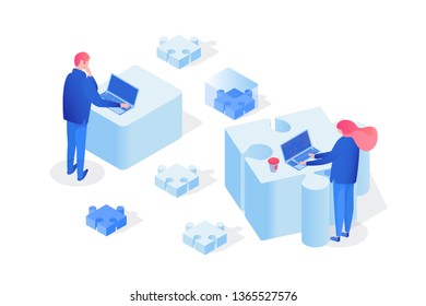Partnership, team working 3D vector illustration. Programmers coworking, brainstorming, searching creative solution isometric clipart. Colleagues, office workers, business partners isolated design