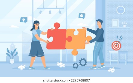 Partnership Teamwork Brainstorming Meeting concept. Business team connecting pieces of puzzles. Flat cartoon vector illustration with people characters for banner, website design or landing web page