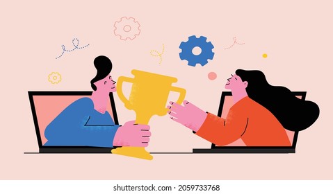 Partnership, teamwork, business leadership and success concept. Winners team flat vector illustration. People from laptop screens holding trophy, prize winning people