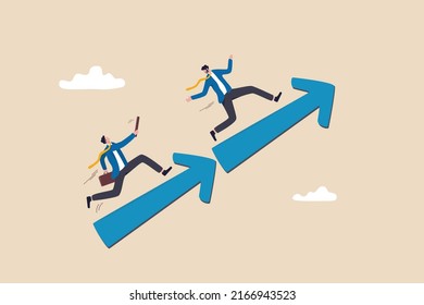 Partnership or teamwork for business success, growth or team achievement, cooperation or team collaborate, togetherness concept, trusted businessman relay baton pass to coworker on growing arrow.