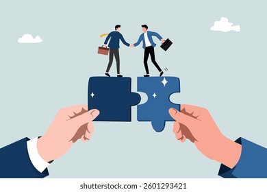 Partnership, teamwork or collaboration to success, solve jigsaw puzzle together, agreement or solution to win corporate trust, cooperation concept, businessman handshake connect jigsaw together.