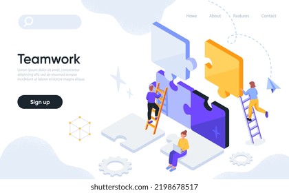 Partnership and Teamwork concept. Team of employees or entrepreneurs connect puzzle pieces and achieve business goals. Design element for website or landing page. Cartoon isometric vector illustration