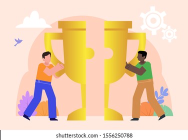 Partnership, teamwork, cooperation. Two men combine pieces of one puzzle. Poster for social media, web page, banner, presentation. Flat design vector illustration