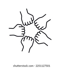 partnership teamwork icon. Stronger together concept. Helping hand. We can do this. Five people join their fists together. Isolated vector illustration.