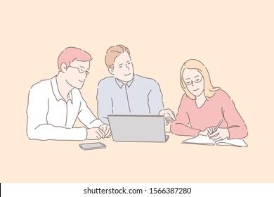 Partnership, teamwork, idea, business concept. Team of men and women, businessmen met at office, discuss, agree, plan. Partners businessmen and businesswoman develop, improve tactics work. Flat vector