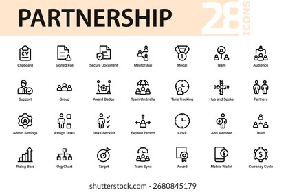 Paquete de iconos de línea mínima de trabajo en equipo de asociación. Profesional colección de Vector de contorno moderno creativo para la unidad, el trabajo en grupo y la colaboración.