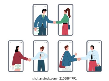 Partnership and teamwork relationship via Internet and online mobile apps. Female and male coworkers or business partners communicate through the smartphone. Hand shake agreement vector illustration.