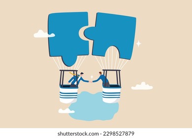 Partnership or teamwork to solve problem, agreement to success together, collaborate or cooperation, people to fit in job, jigsaw puzzle concept, businessman handshake on connect jigsaw balloon.