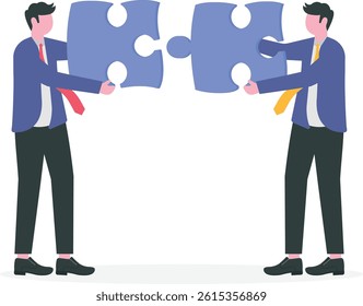 Partnership or teamwork. Two businessmen joining together large jigsaw puzzle pieces.

