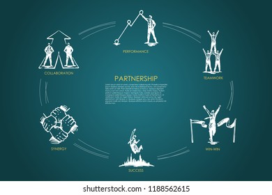 Partnership - teamwork, win-win, collaboration, performance, synergy set concept. Hand drawn isolated vector.