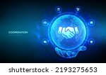 Partnership technology concept. Business partnership. Global cooperation network. Internet communication. Teamwork. World map point, line composition. Earth planet globe in hand. Vector illustration