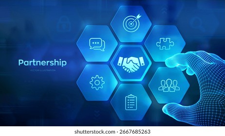 Conceito de tecnologia de parceria. Parceria de negócios. Rede de cooperação global. Comunicação via Internet. Trabalho em equipe. A mão em modelo de arame coloca um elemento em uma composição visualizando a cooperação. Vetor.