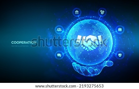 Partnership technology concept. Business partnership. Global cooperation network. Internet communication. Teamwork. World map point, line composition. Earth planet globe in hand. Vector illustration