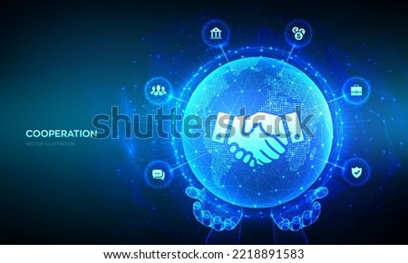 Partnership technology concept. Business partnership. Global cooperation network. Internet communication. Teamwork. World map point, line composition. Earth planet globe in hands. Vector illustration.