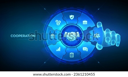 Partnership technology concept. Business partnership. Global cooperation network. Internet communication. Teamwork. Wireframe hand places an element into a composition visualizing cooperation. Vector.