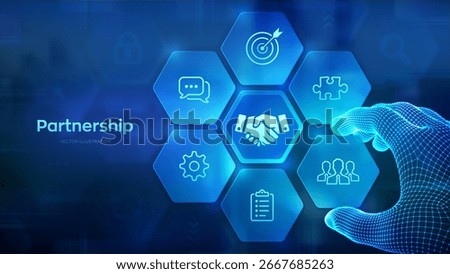 Partnership technology concept. Business partnership. Global cooperation network. Internet communication. Teamwork. Wireframe hand places an element in a composition visualizing cooperation. Vector.