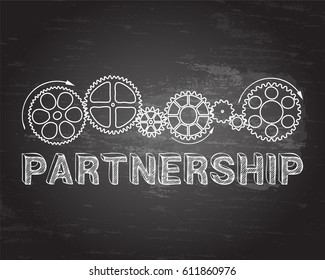 Partnership text with gear wheels hand drawn on blackboard background