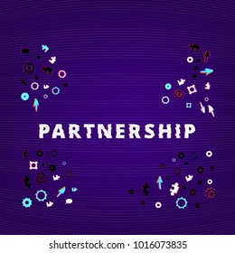 Partnership text on dark background with gears and puzzles shapes. Distorted glitch style effect. Element for graphic design - banner, poster, flyer, brochure, card, blog. Vector illustration.