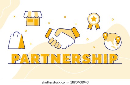 partnership typography word art background of icon handshake store shopping bag certificate global with outline style