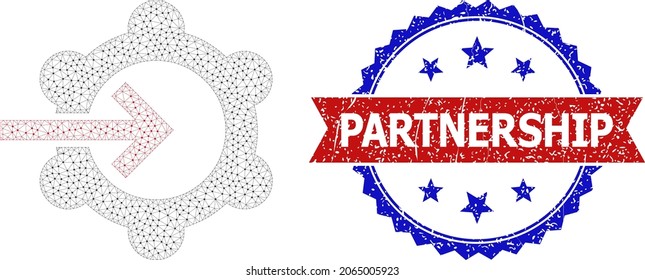 Partnership unclean stamp, and gear wheel integration icon net structure. Red and blue bicolored stamp seal includes Partnership caption inside ribbon and rosette.