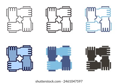 Partnership unity and teamwork icon. 4 hands holding eachother vector graphic element