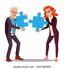 Partnership Vector. Businessman Man, Woman Holding In Hands Two Large Puzzles And Put It Together. Illustration